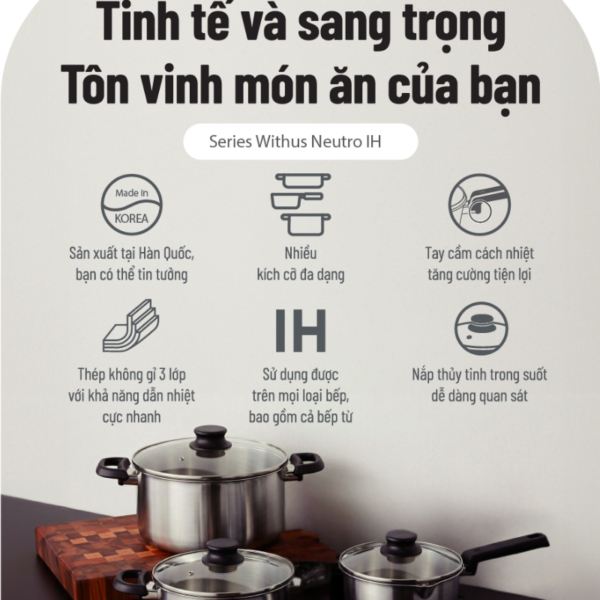 Bộ nồi inox Withus Neutro IH hiệu PN [3PCS]